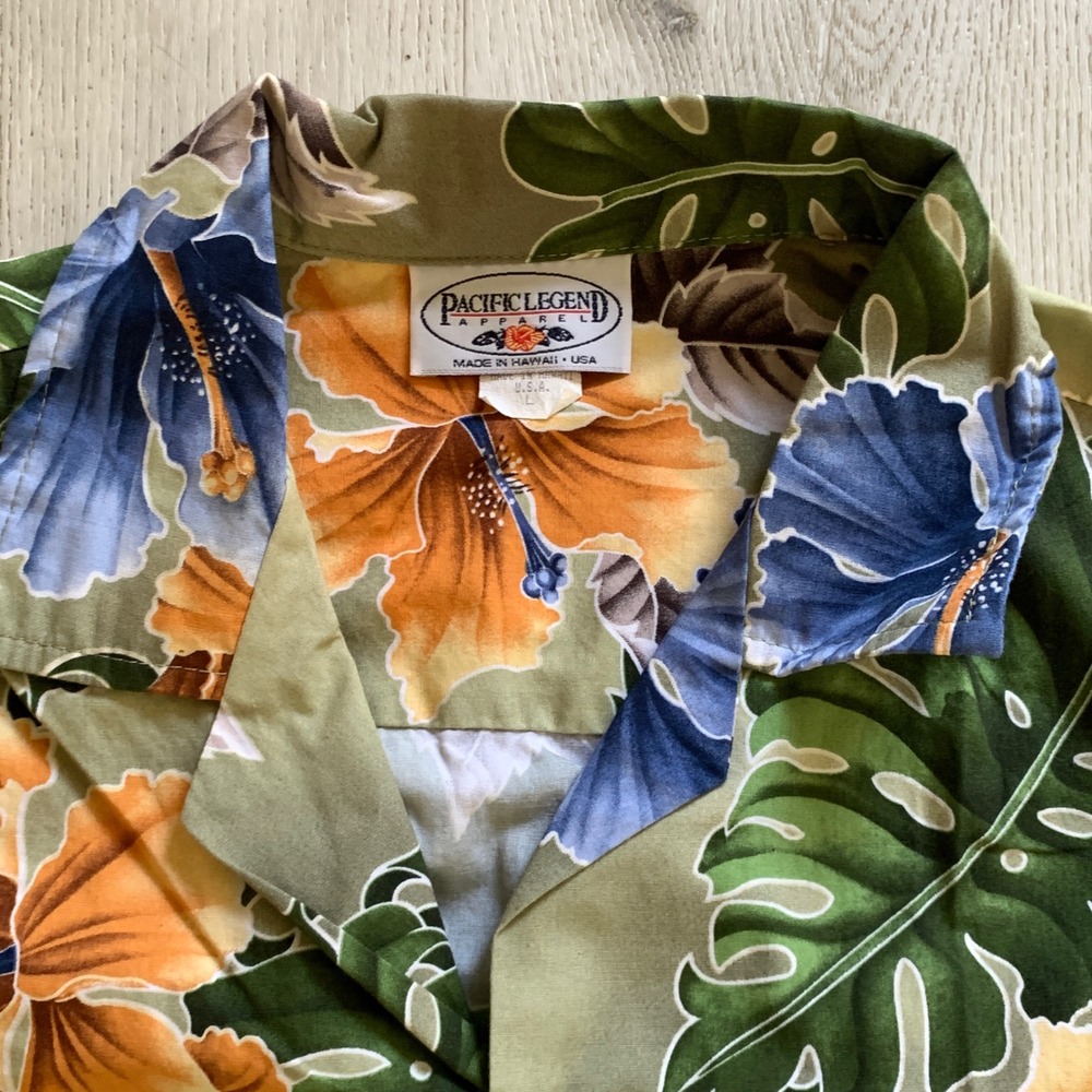 Pacific Legend Hawaiian Shirt Mens Large Olive Green Hibiscus Monstera Cotton‎ L